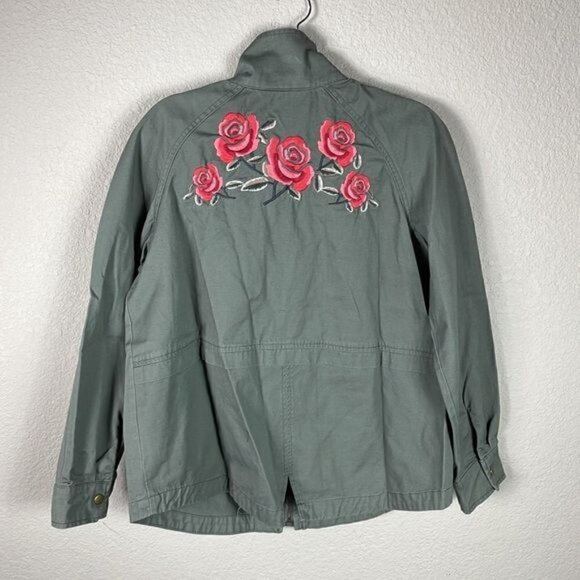 Style & Co Embroidered Roses Floral Back Utility Jacket Green Shacket Sz S - Picture 5 of 12